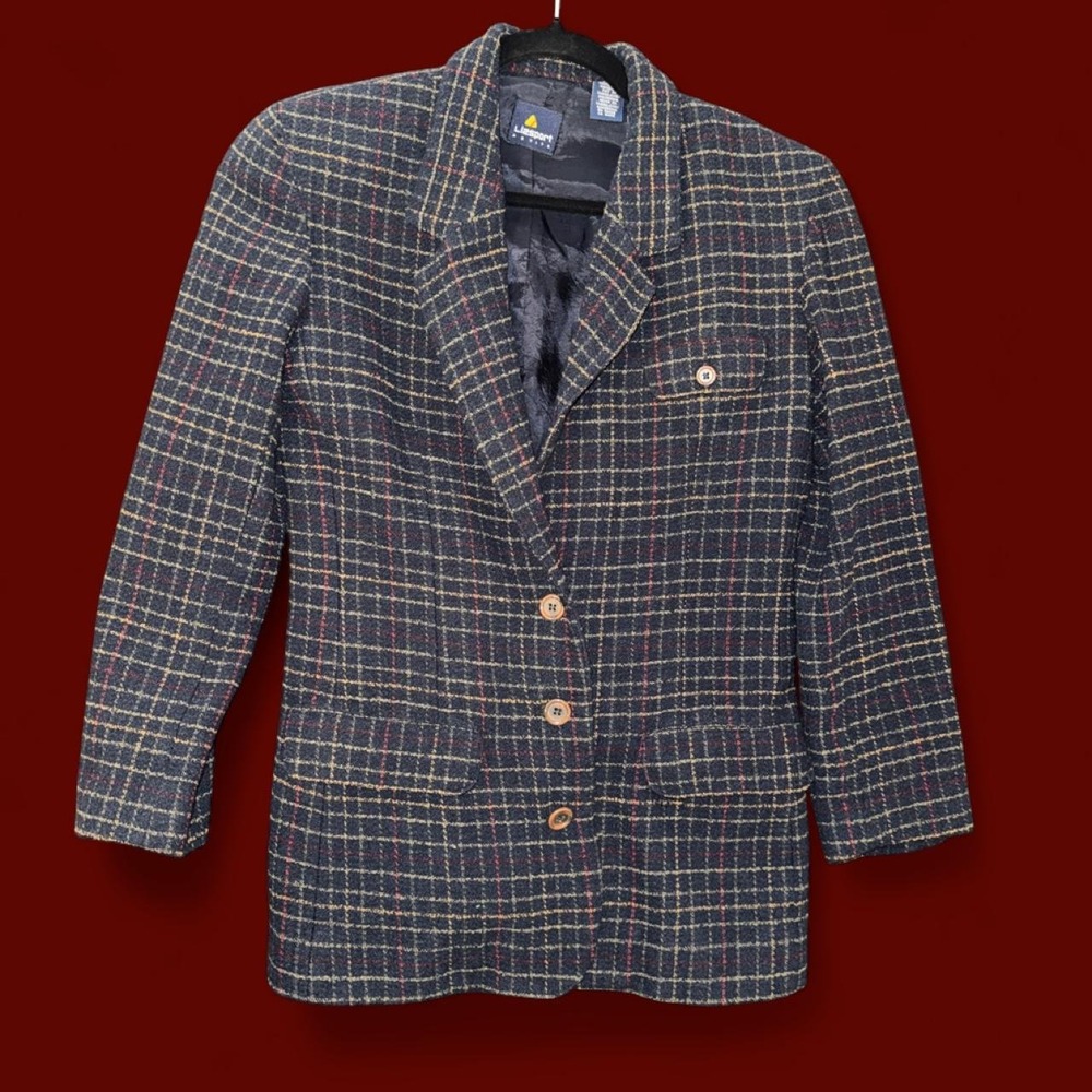 Lizsport Vintage Plaid Wool Blend Blazer Women's Petite Size 2 Navy Tweed